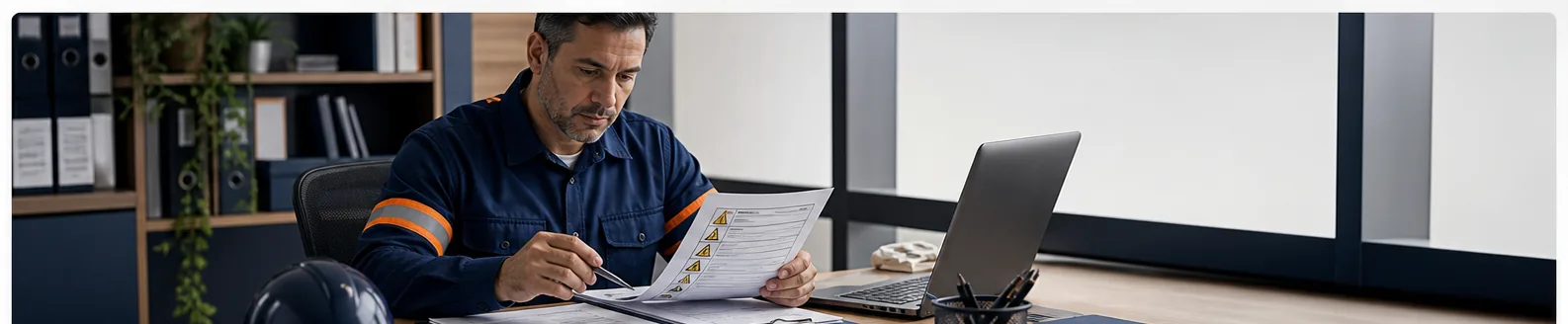 Profissional de SST revisando documentos e checklist em mesa de trabalho