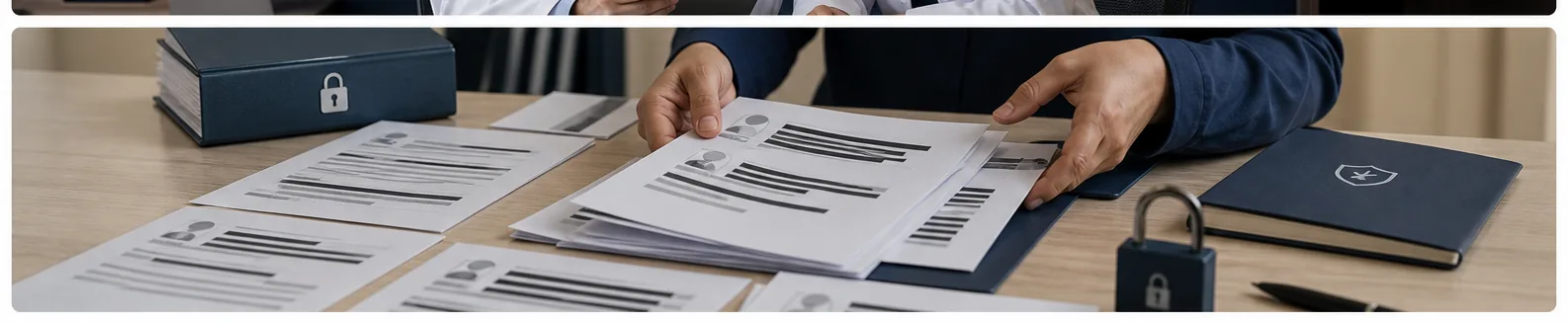Documentos anonimizados e controles de privacidade sobre mesa de trabalho