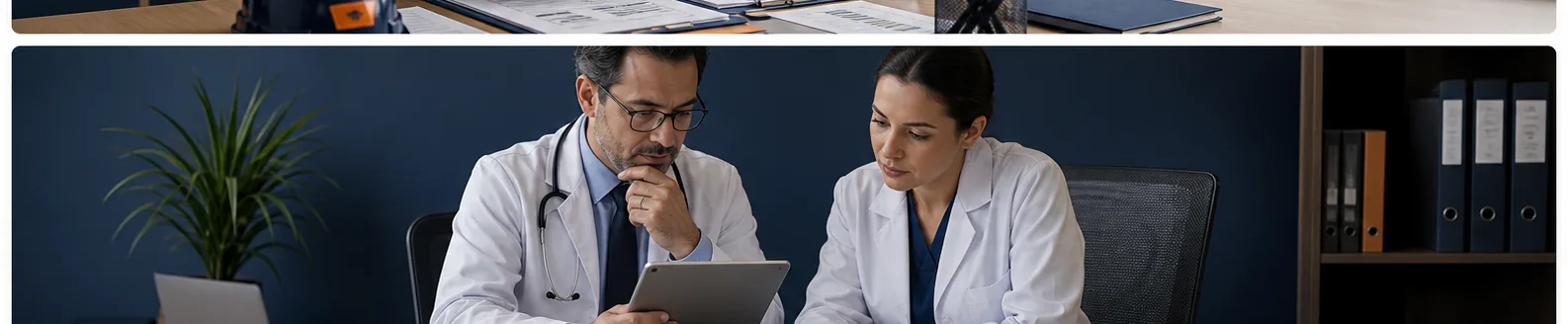 Equipe de medicina do trabalho revisando informações em ambiente controlado