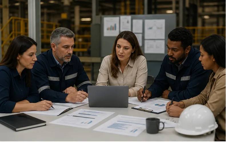 Equipe de SESMT reunida em mesa de trabalho com documentos e notebook